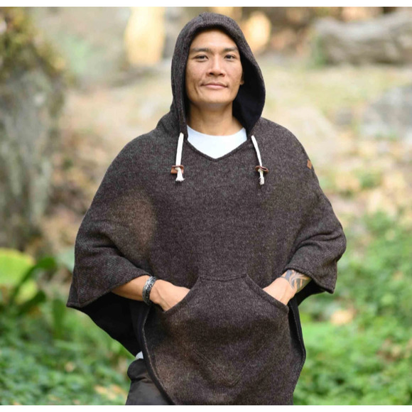 Virblatt Wool Hooded Poncho Brown Black Lining Pullover Drawstring Nepal L/XL - Picture 12 of 12